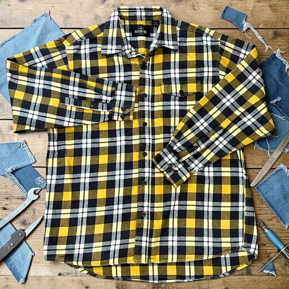 RedHead Flannel Shirt Mens Large Yellow Black Plaid Button Front Cotton Hunting